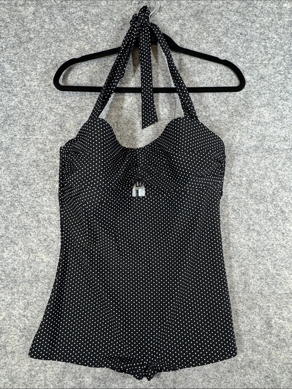 Unique Vintage Black White Polka Halter One Piece Swimdress XL Pin Up Retro